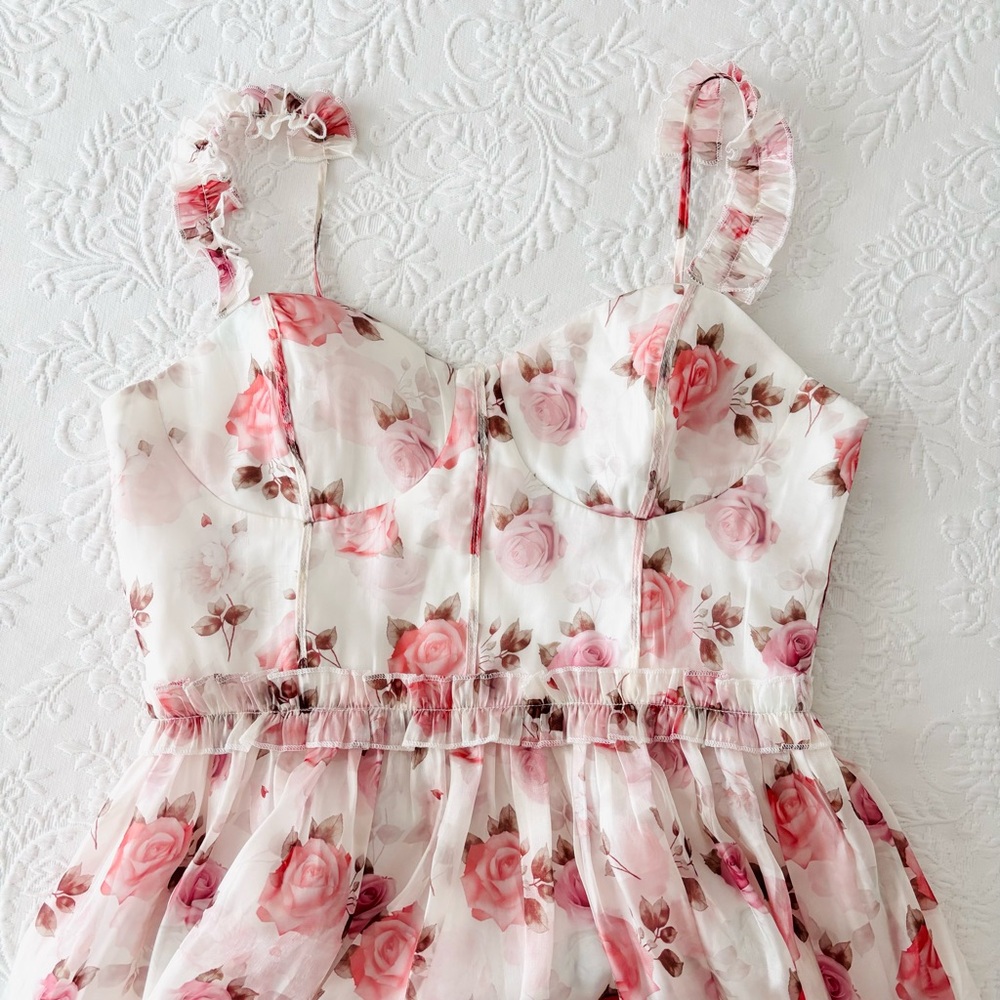 NWOT Lulus Sincerely Enchanting Ivory Floral Print Organza Midi Dress Large - Picture 3 of 7